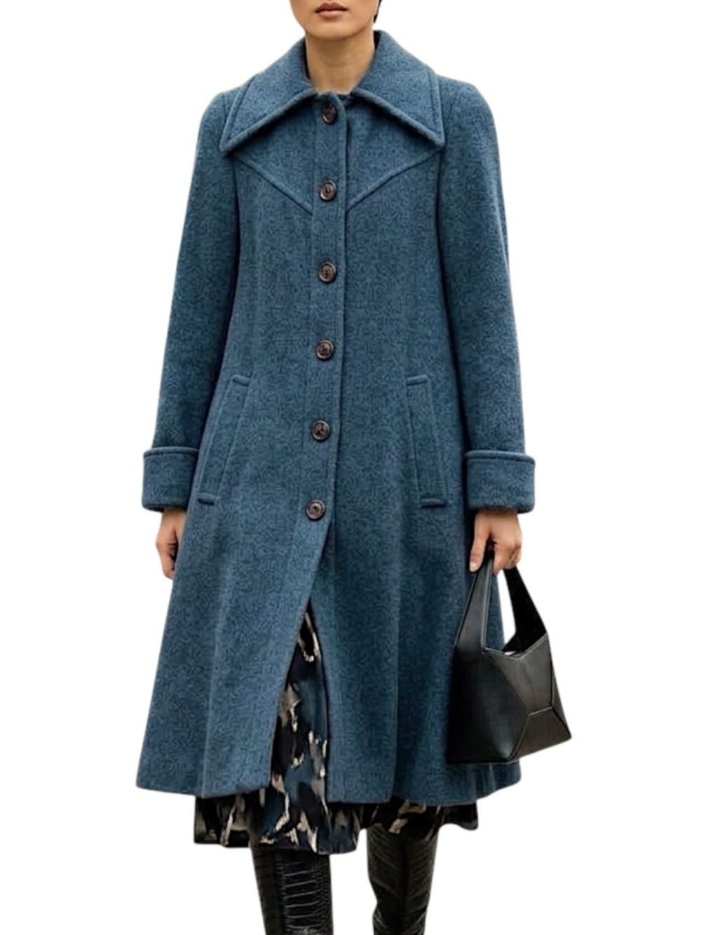 Vintage 70s wool blend blue midi a-line dagger collar swing coat 9